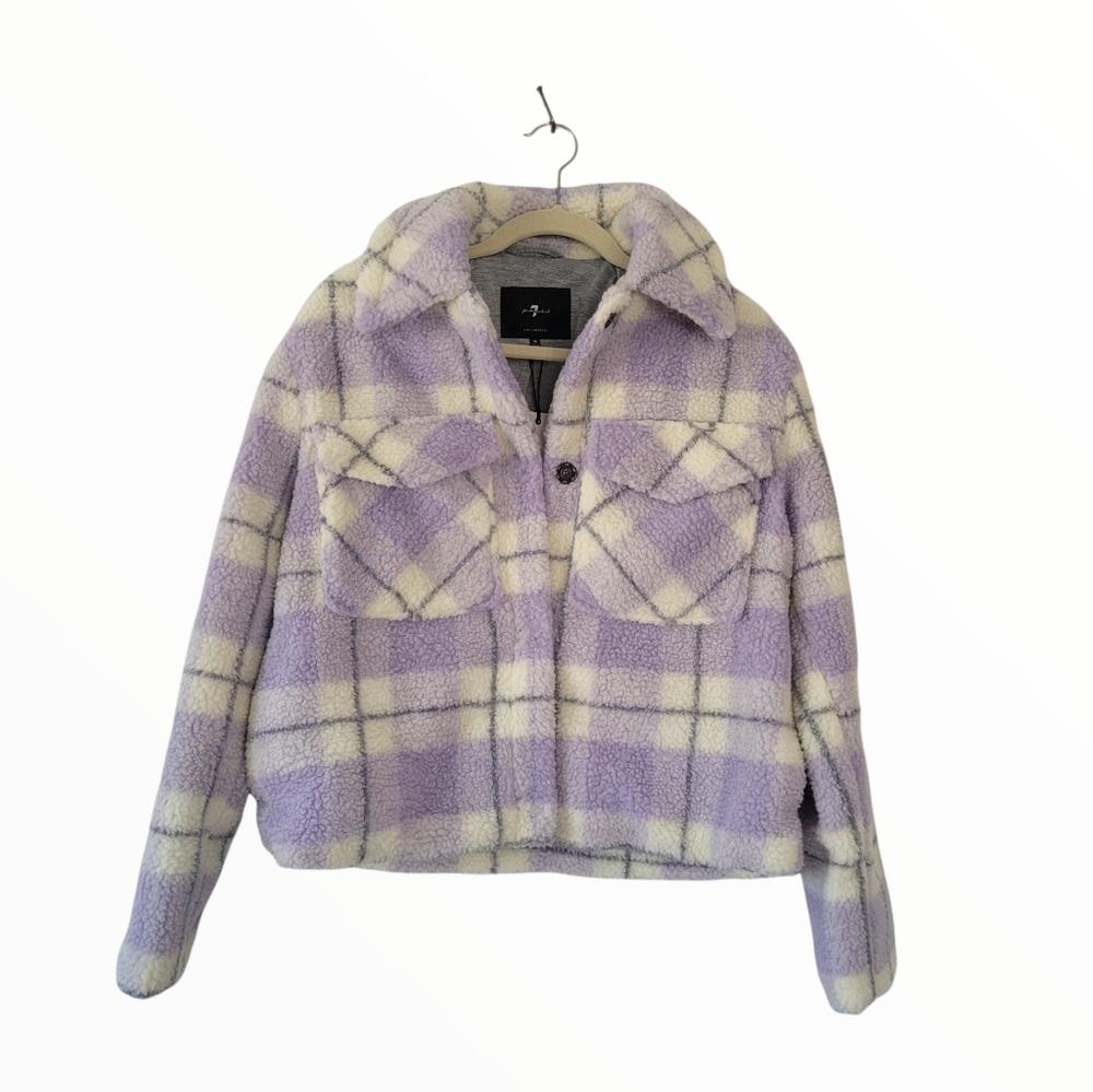 7 For All Mankind Purple & Cream Plaid Fluffy Teddy Buttoned Jacket